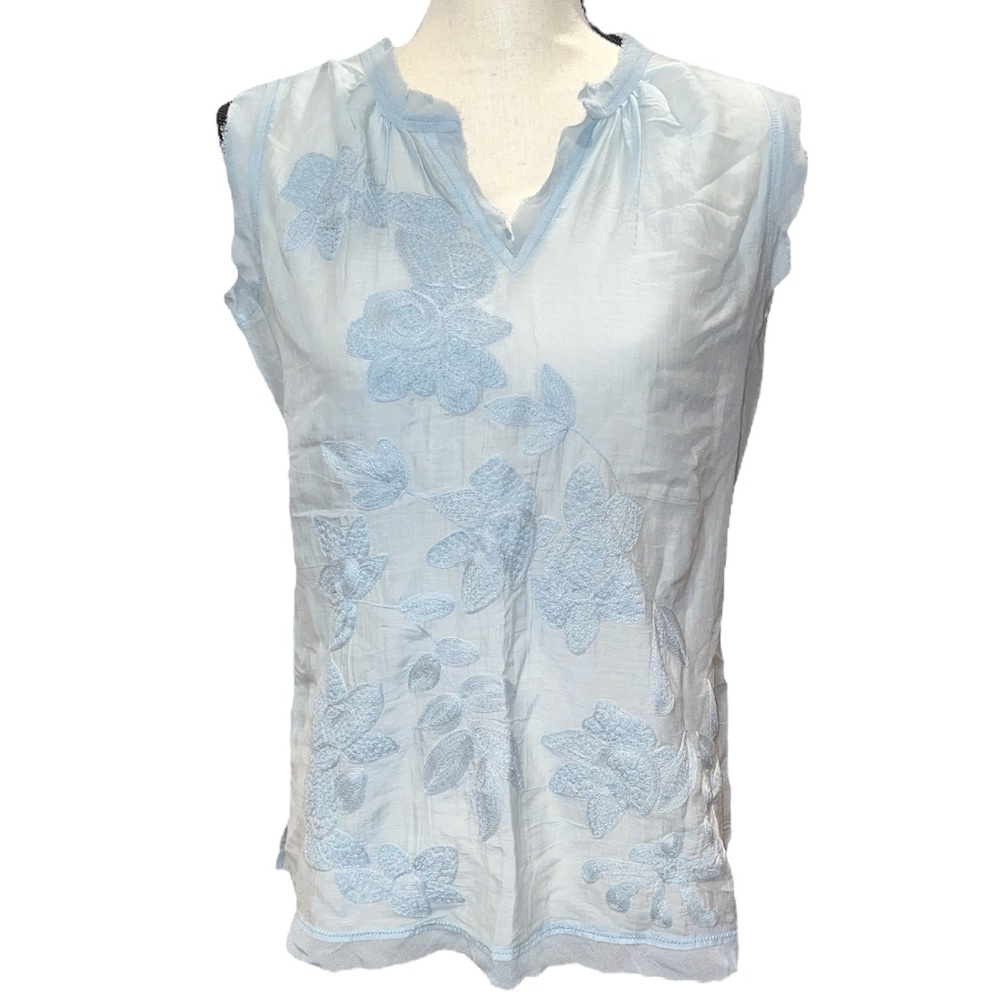 Ecru Baby Blue Embroidered Sleeveless Top